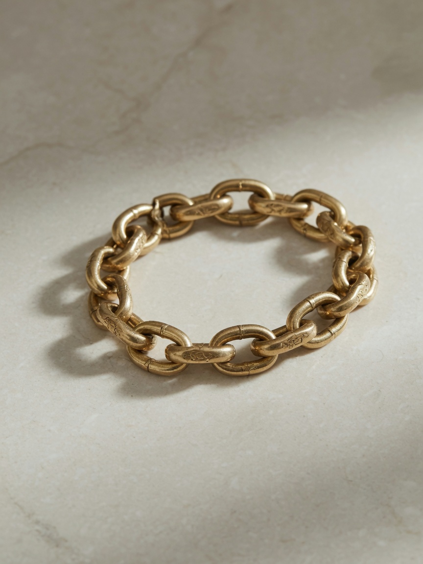 A gold link bracelet on pale stone.