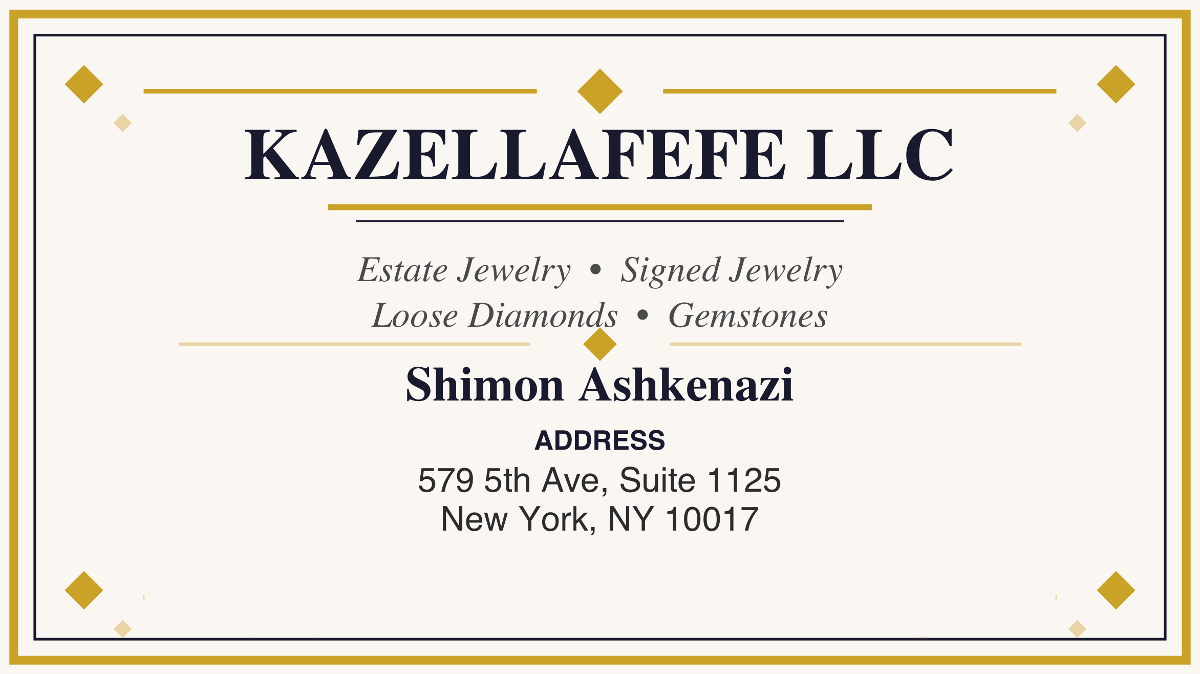 Kazellafefe LLC business card. Shimon Ashkenazi, 579 5th Ave, Suite 1125, New York, NY 10017.