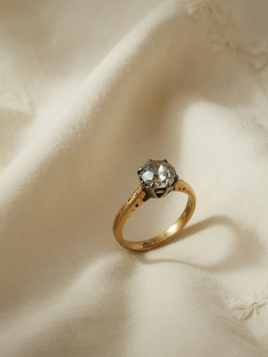 An old-cut diamond set in a gold ring, on ivory linen.
